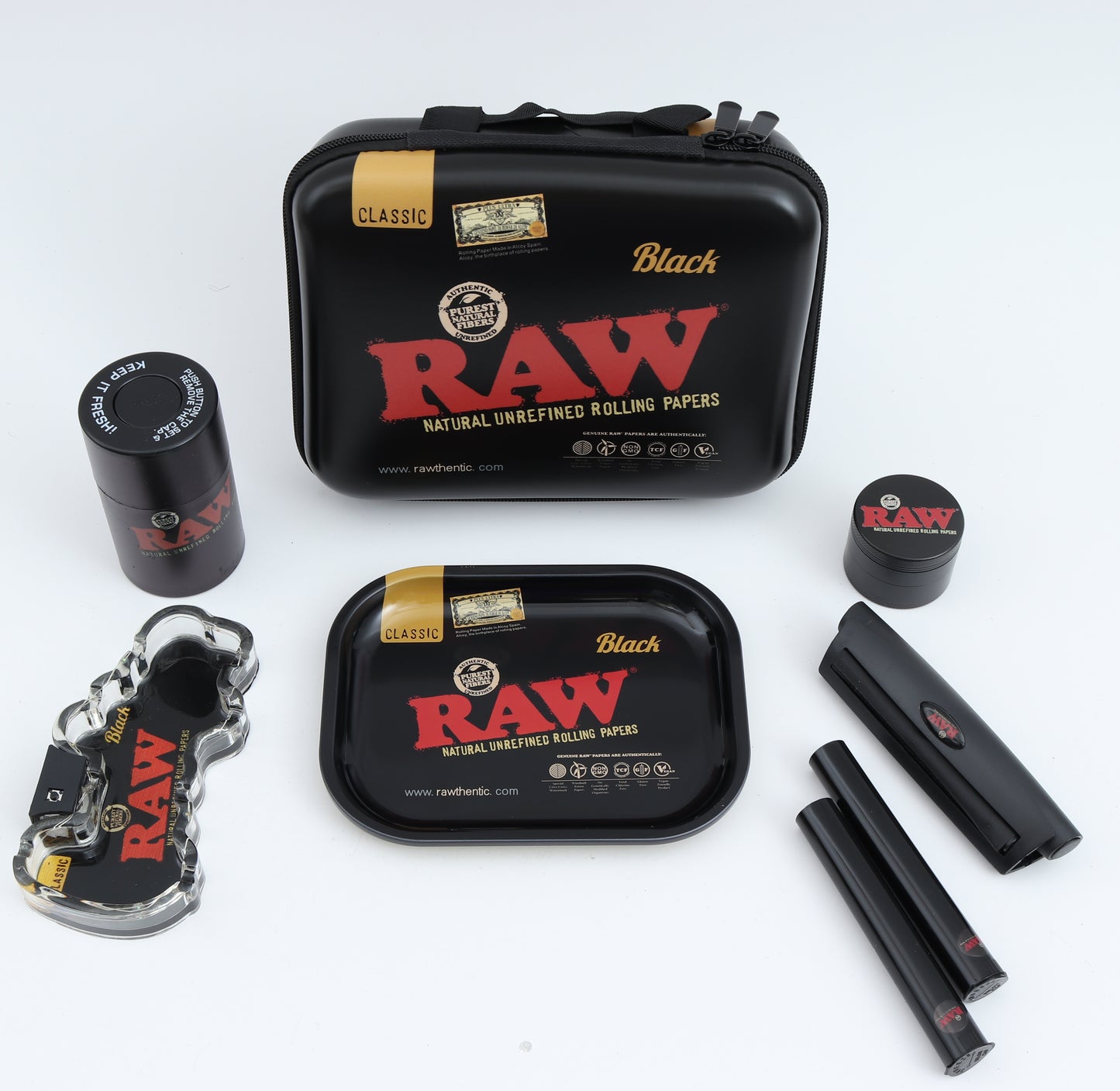 SET COORDINATO RAW Valigetta anti urto Posacenere illuminato a led Grinder di metallo 4 parti 50mm Mistiera Porta erba/sottovuoto per mantenere fresco più a lungo 2 porta joint Macchinetta rollatrice per cartine lunghe