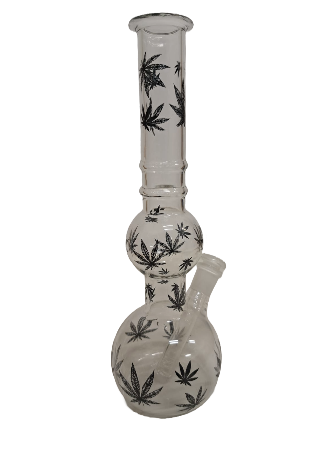 BONG TRASPARENTE CON FOGLIE DI CANAPA IN VETRO