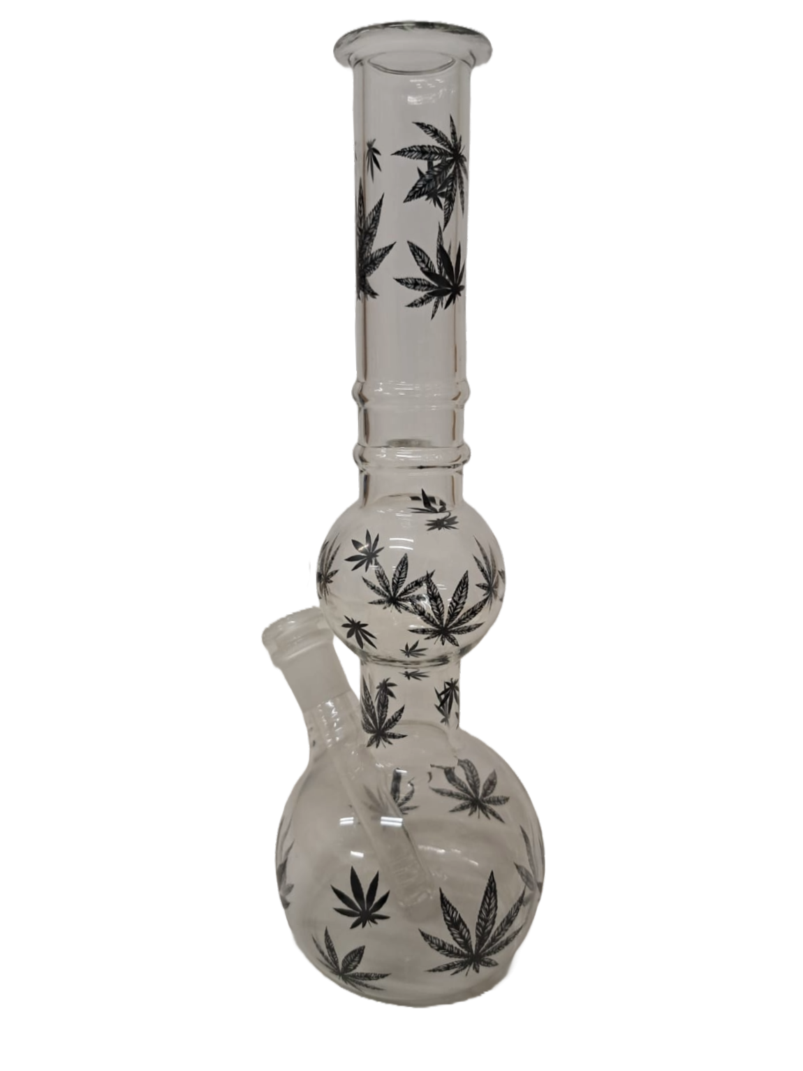 BONG TRASPARENTE CON FOGLIE DI CANAPA IN VETRO